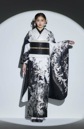 ワイルド！ヒョウ柄振り袖振り袖フルセット 成人式振袖レンタル（FS0248）白×黒/バラ・ヒョウ柄 - 東京