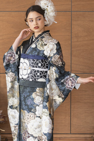 深緑小花×ベージュ牡丹_振袖_86646