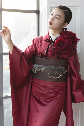 振袖 マットカラー 赤黒 桜 刺繍 シンプル 5点セット 激安モード 赤/黒 蝶々柄 ワンポイント/大柄 シンプル振袖