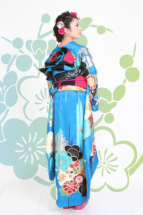 振袖 セット 青 花柄 着物 成人式 結婚式 昭和レトロ 小柄な方向け