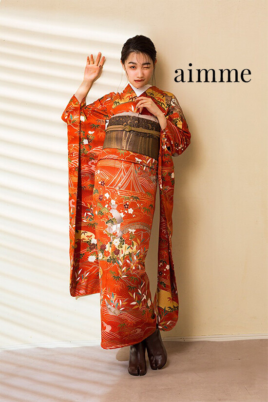 aimme東京原宿店の振袖 /朱色/緑色/古典/松竹梅柄/ 新野尾七奈ちゃん