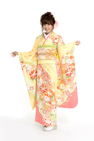 A-14黄色・ヒワピンク・斜古典花まり_振袖_74465