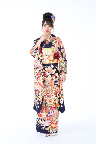 GB-46紺　多色小花・白縞模様_振袖_74497