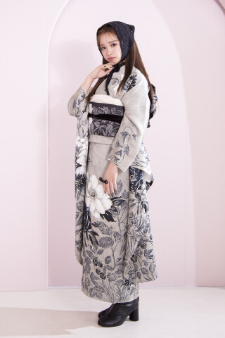 ☆振袖フルセット（7点） 正絹振袖 成人式 ライトグレー系 人気グレー