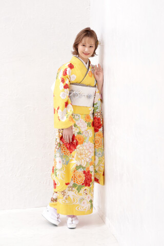 成人式振袖 黄色 正絹 着物のみ 高級正絹 振袖レンタル 送料無料 FS-018 黄系 振袖 成人式
