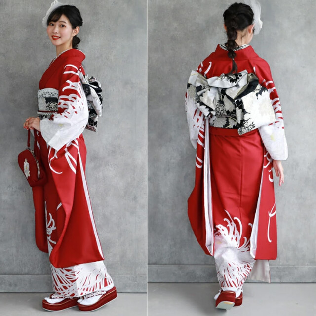 新品 振袖単品 赤地に華やか乱菊 きよたにやby和なでしこの振袖 /赤色/グレー色/クール/菊柄/ 振袖フル