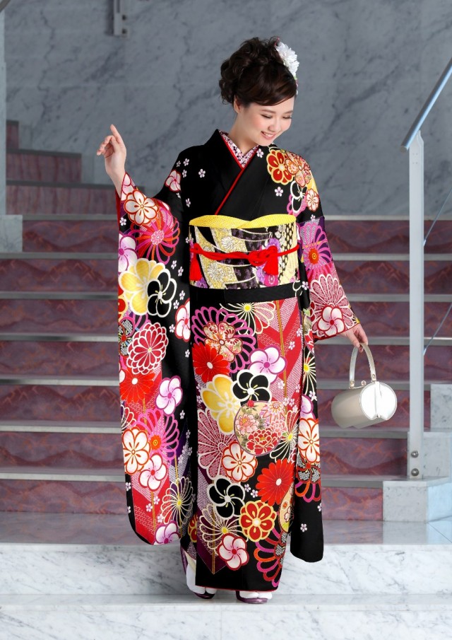 みかわや茂原店の振袖 /黒色/赤色/レトロ/菊柄/ 振袖レンタル No,991