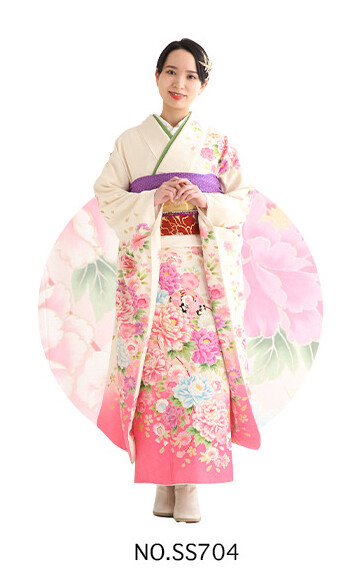 三景スタジオ 旭川本店の振袖 /白色/ピンク色/キュート/牡丹柄/ 白に