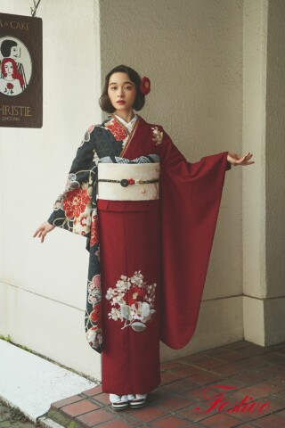 臙脂×黒の片身替わり振袖｜大正ロマンな美しさ_振袖_12799