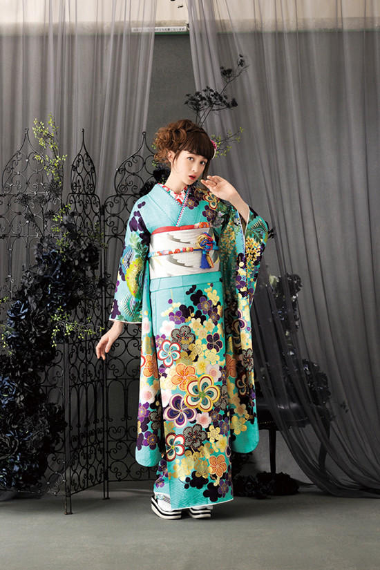 振袖 鶴松梅　水色 予約商品】振袖単品「梅鶴」(FREE サックス): ふりふ｜ミマツ
