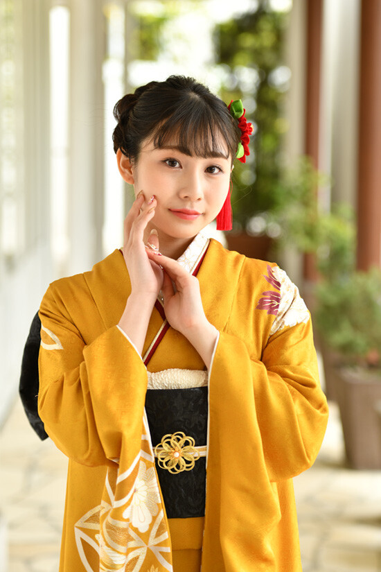 和工房みよ志乃の振袖 /黄色/白色/クール/牡丹柄/ カラシ色地に大胆花