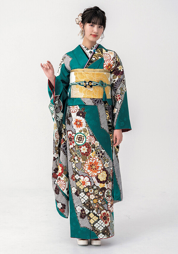 ふりそで みうら（旧）三浦京染店の振袖 /緑色/青色/古典/熨斗柄/ 振袖