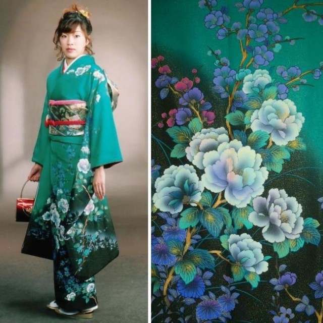 激安店舗 振袖のみ エメラルドグリーン 花柄 着物 浴衣 水着 11 040 Laeknavaktin Is