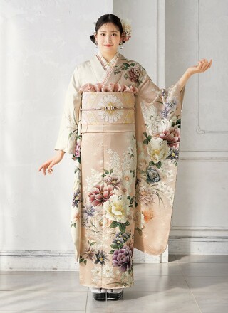 ＊原価割れ　高級振袖 ベージュ系 花柄 雲模様　新品　正絹　未仕立て 正統派古典/ひいな 赤 檜扇牡丹に雲取疋田 王道 綺麗 大人っぽい