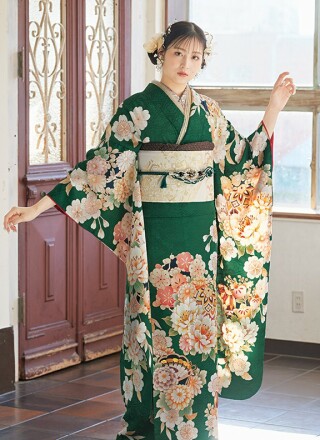 振袖 身長153-168cm 黄色　正絹　大小の桜や菊の花 振袖レンタル 振袖LLサイズ 桜模様 黄色｜着物レンタル 安心フル