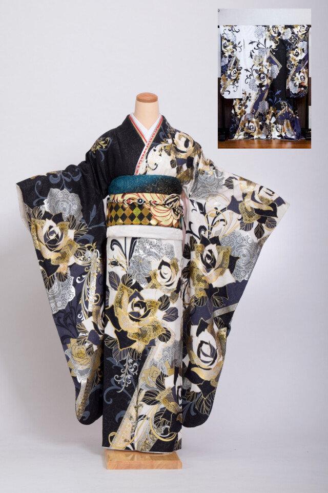 原田写真・フェアリーベルの振袖 /白色/黒色/クール/バラ柄/ ZAWACHIN