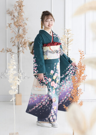 セゾンふりそで館の振袖 /緑色/ピンク色/古典/桜柄/ 03716 うぐいす