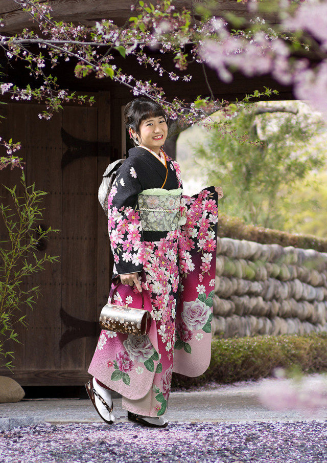 振袖フルセット正絹成人式黒ピンク人気の黒大人可愛い♡