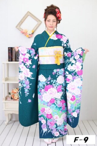 グリーンにピンクの花柄_振袖_94505