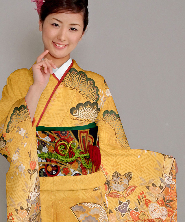 振袖レンタル＆販売 はい乃の振袖 /黄色/オレンジ色/古典/扇面柄/ 黄地 
