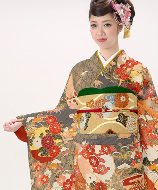朱色と淡茶裾濃茶花丸と扇面_振袖_47393