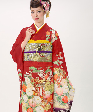 朱地に裾濃茶御所車百花爛漫_振袖_47396