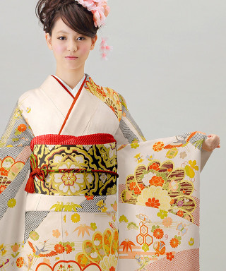 白地に朱黒グレー取り菊花紋_振袖_47398