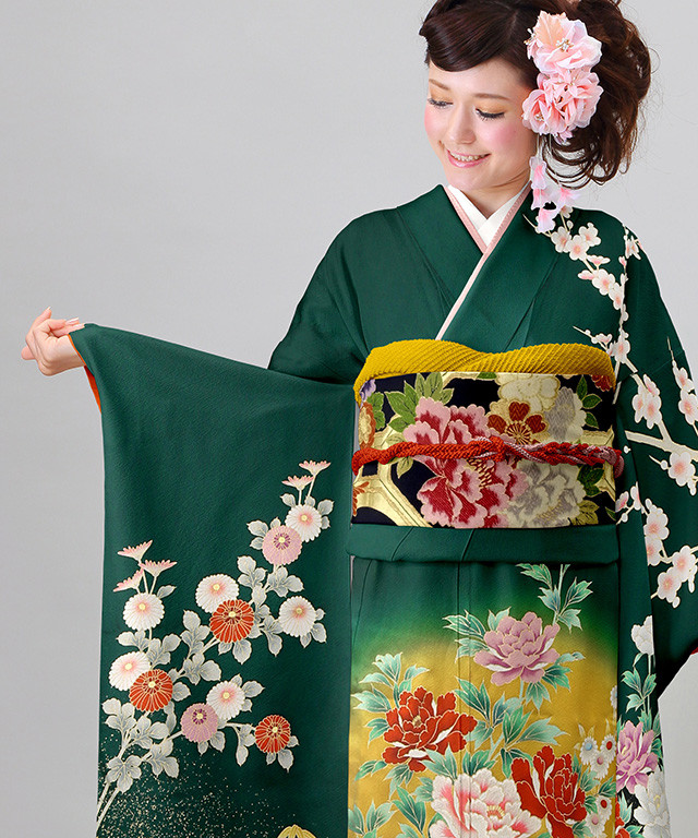 振袖レンタル＆販売 はい乃の振袖 /緑色/ゴールド色/古典/牡丹柄/ 【お