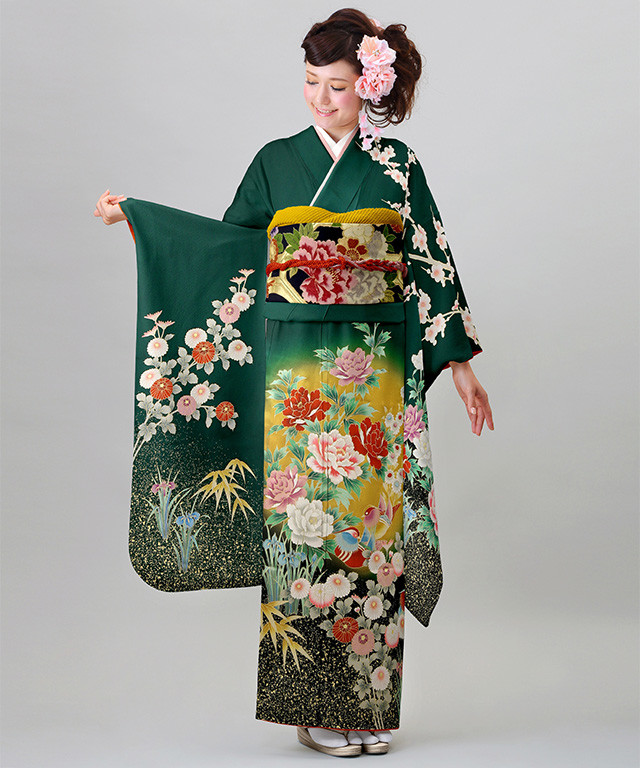 振袖レンタル＆販売 はい乃の振袖 /緑色/ゴールド色/古典/牡丹柄/ 【お