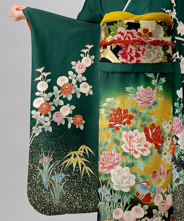 振袖レンタル＆販売 はい乃の振袖 /緑色/ゴールド色/古典/牡丹柄/ 【お