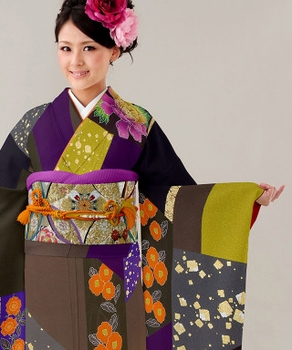 【お仕立前・新品】濃紫と濃茶の染分け草花_振袖_47402