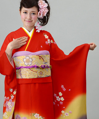 【お仕立前・新品】朱地に裾淡紫梅花散らし_振袖_47404
