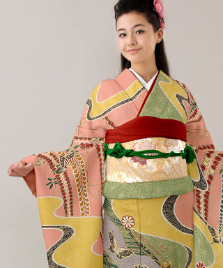 【お仕立前・新品】緑色に裾グレー流水菊に蝶_振袖_47410