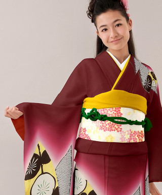【お仕立前・新品】朱紫地に本金取り梅花柄_振袖_47411
