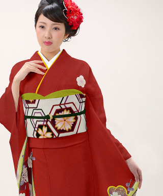 【お仕立前・新品】朱地にモダン取り梅柄_振袖_47413