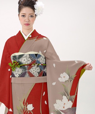 【お仕立前・新品】朱とグレー染分け牡丹柄_振袖_47414