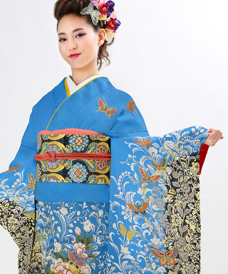 【お仕立前・新品】青色裾黒地に百花_振袖_47415