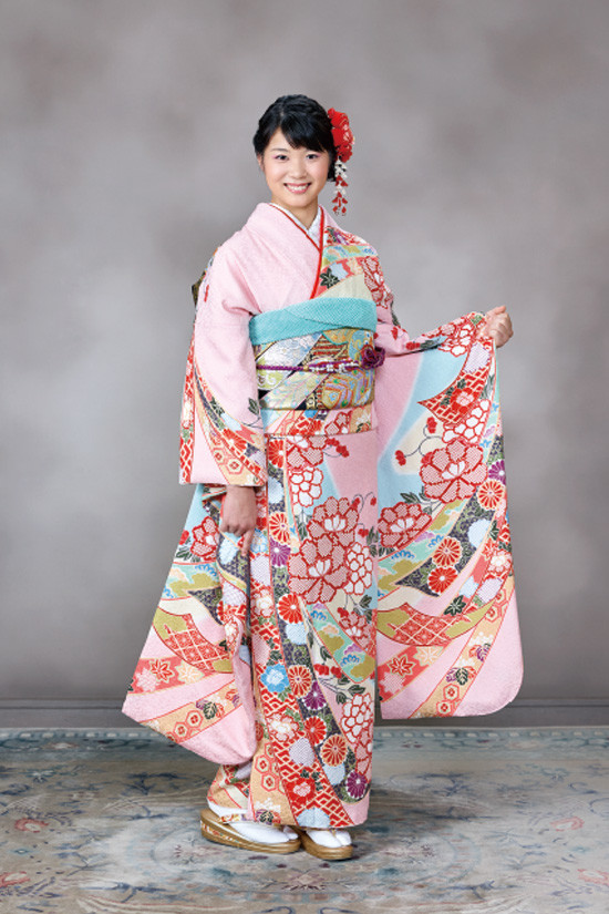 406z33〇振袖 地紋 花 緑 ピンク〇美品 成人式 結婚式 ao-furisode1s.jpg