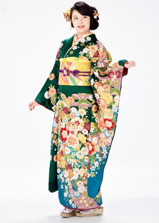 日産呉服の振袖 /水色/緑色/古典/牡丹柄/ 最高級手描き加賀友禅振袖