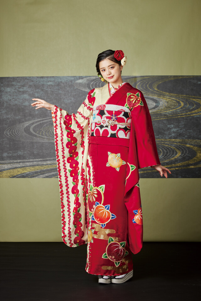 正絹　糸巻、花笠、橘振袖 振袖ネットレンタル：紺色の夜】夜に咲く華/KH-453 – kimono-hearts