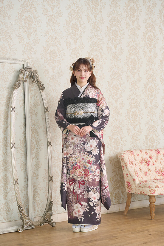 橋本絞店の振袖 /茶色/ピンク色/エレガント/花柄/ MiMi Furisode