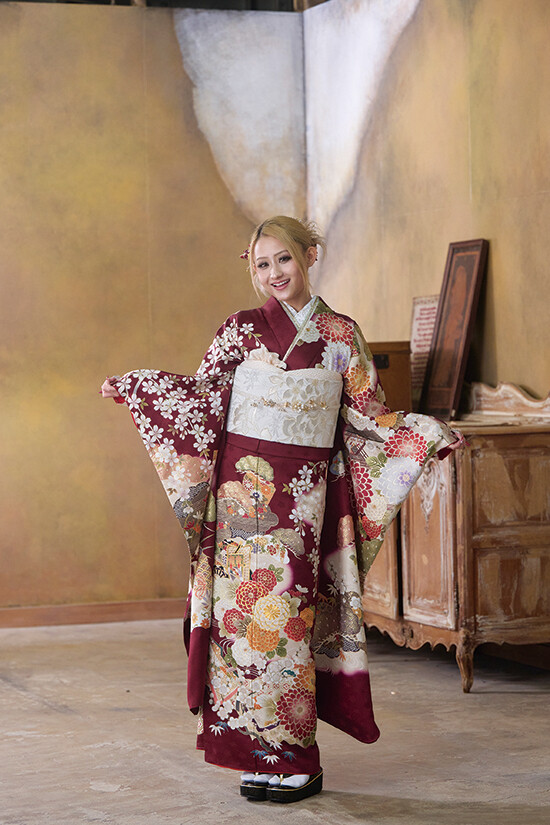橋本絞店の振袖 /赤色/オレンジ色/古典/牡丹柄/ MiMi Furisode