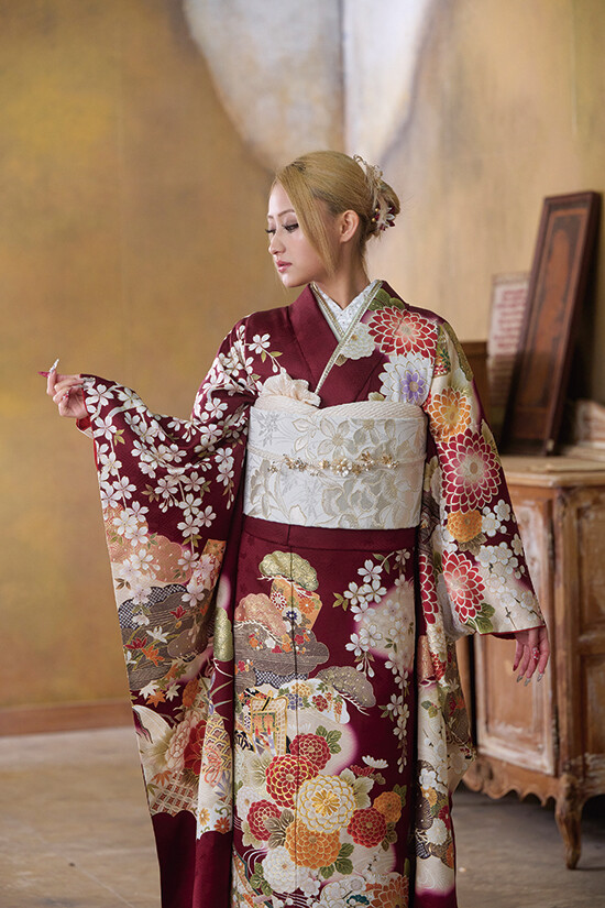 橋本絞店の振袖 /赤色/オレンジ色/古典/牡丹柄/ MiMi Furisode