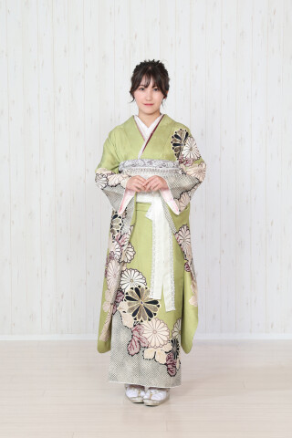 《レンタル》鶯色　菊_振袖_38334 | 呉服の丸中