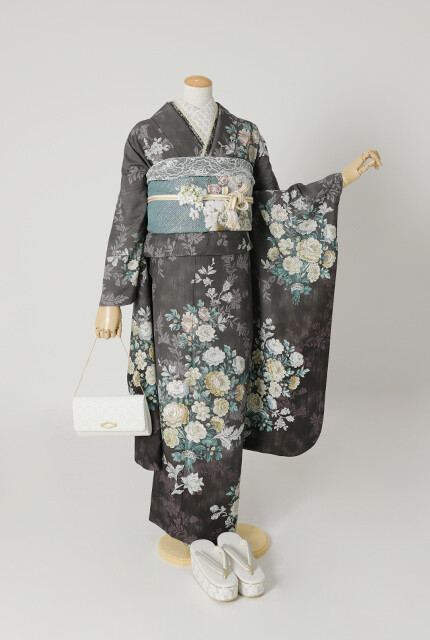 グレー 花柄 振袖 こころの振袖 /グレー色/水色/エレガント/花柄/ グレー×くすみブルー系