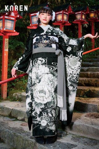 遊楽市の振袖 /黒色/白色/レトロ/鶴柄/ 【和風館】片身変わり 鶴 矢羽