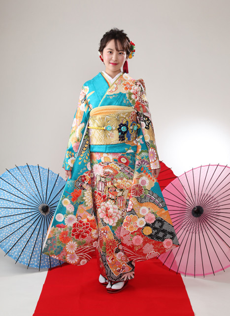 白い写真館ミズノ衣裳部の振袖 水色 オレンジ色 古典 車柄 ターコイズブルー 振袖 成人式着物レンタルのおすすめ情報ならmy振袖