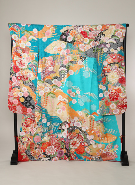 白い写真館ミズノ衣裳部の振袖 水色 オレンジ色 古典 車柄 ターコイズブルー 振袖 成人式着物レンタルのおすすめ情報ならmy振袖