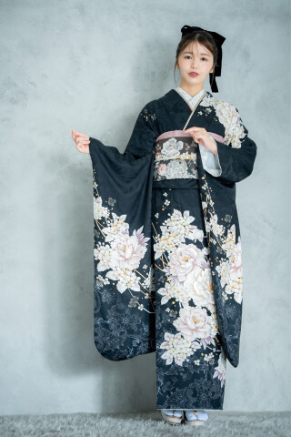 牡丹に紫陽花 濃紺_振袖_48709