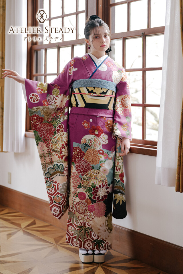 値下げ！　紫色 花柄 振袖 帯　振袖セット 振袖レンタル 成人式 紫 フルセット 結婚式 パーティー 振袖
